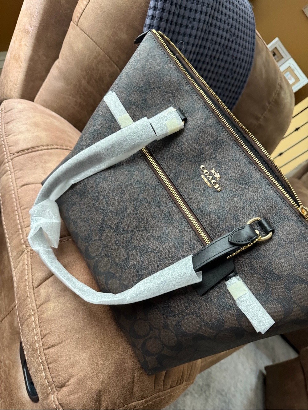Coach Dark Brown Signature Monogram Tote with Gold Accents